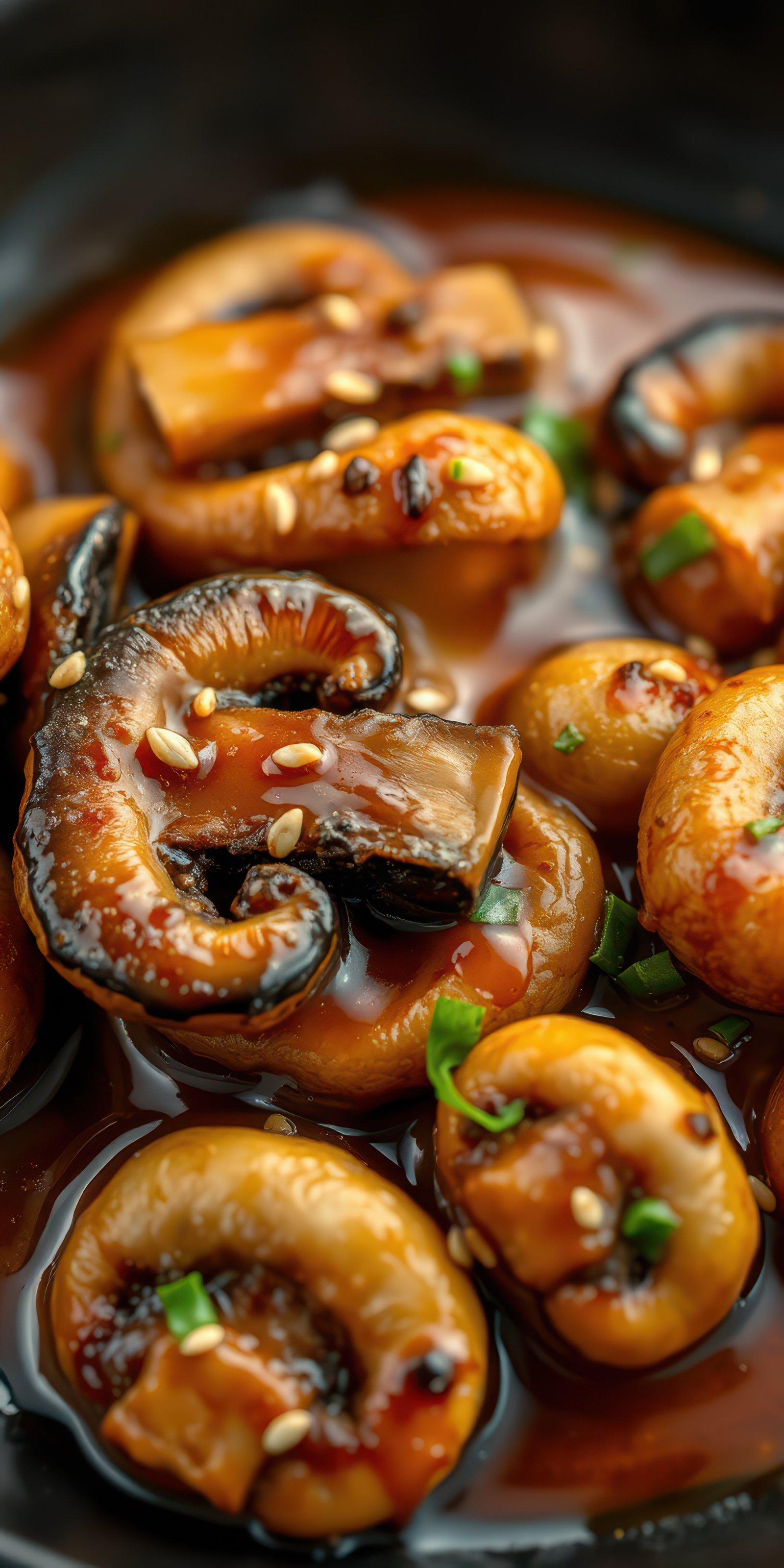 Delicious mushroom dish with rich sauce served in a black bowl featuring sesame seeds and green onions